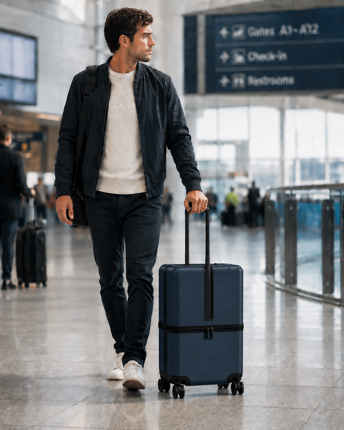 Traveller in an airport pulling an Uprijt carry-on with a straddle-style handle