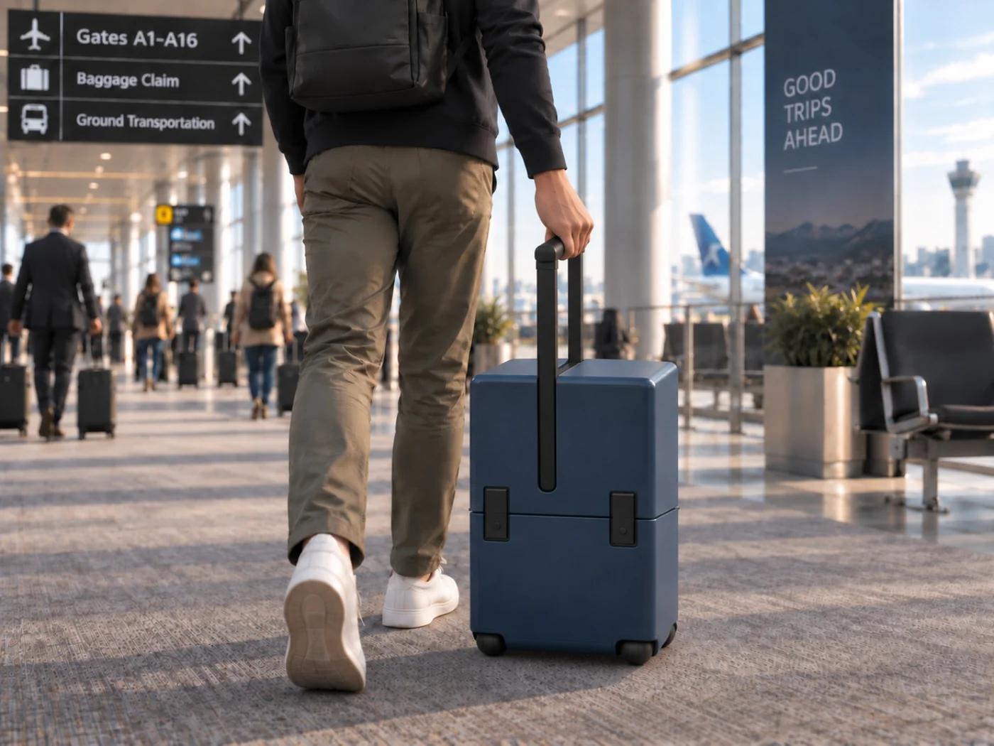 Traveller walking through an airport terminal while rolling the full navy Uprijt carry-on with two front clasps