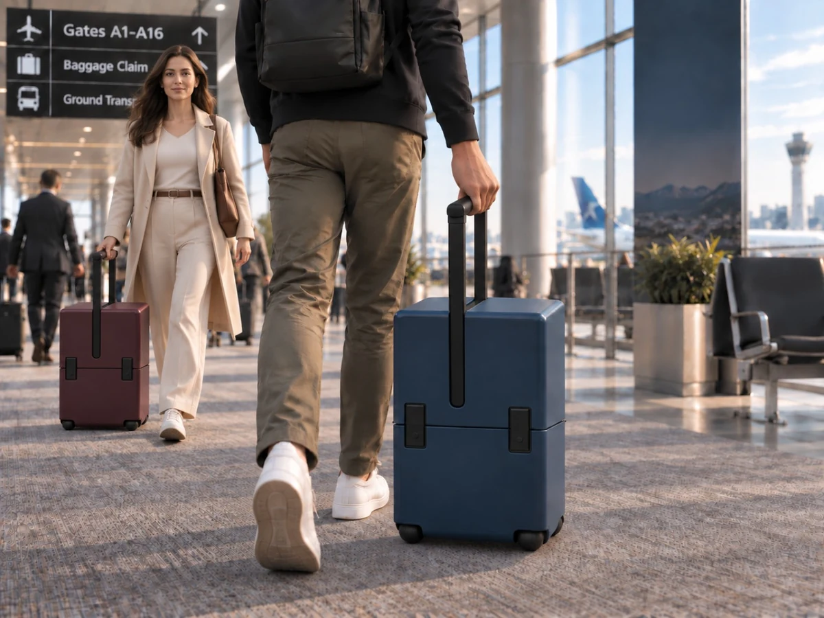 Two travellers rolling navy and burgundy Uprijt suitcases