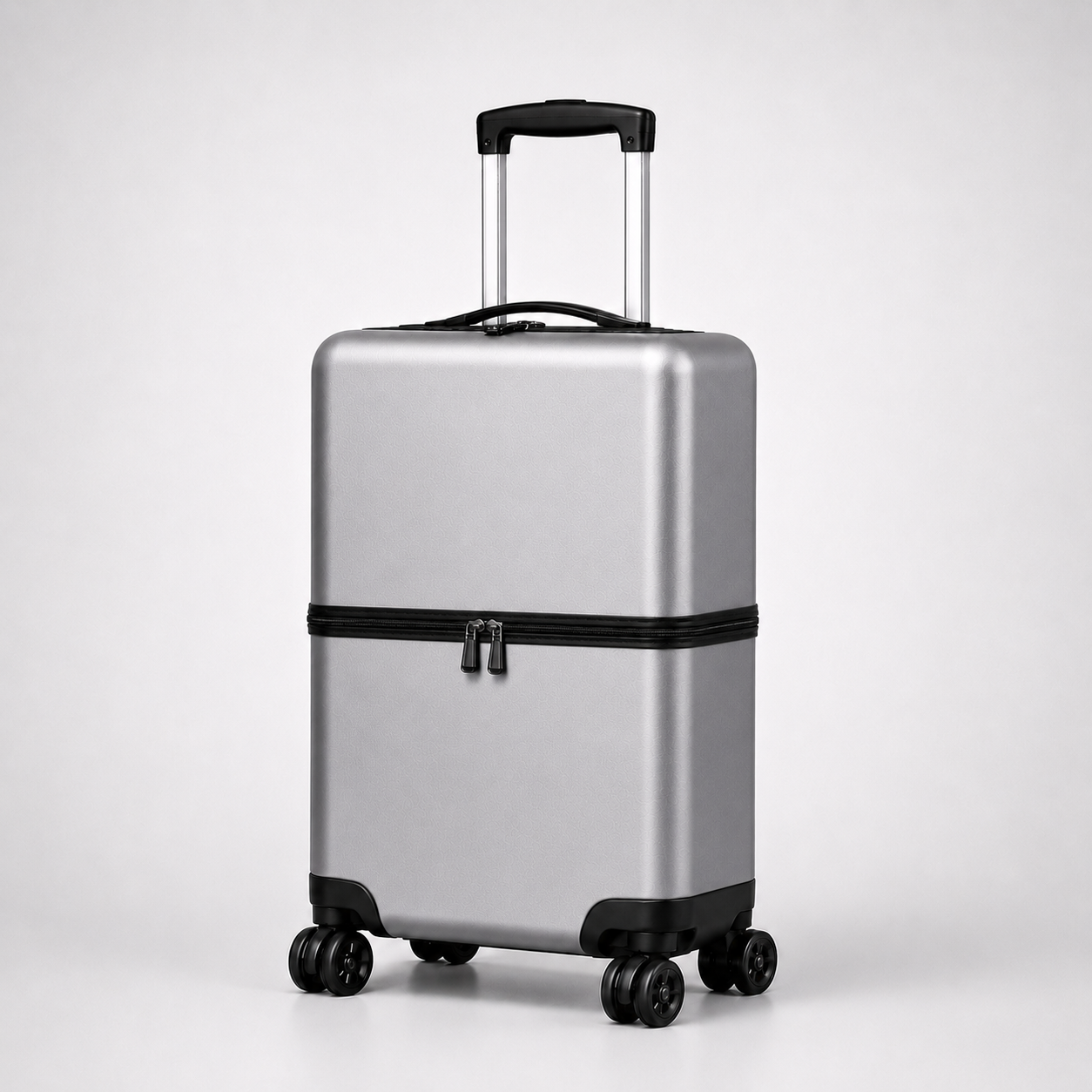 Uprijt patent-pending carry-on with transverse separation plane above the wheel zone